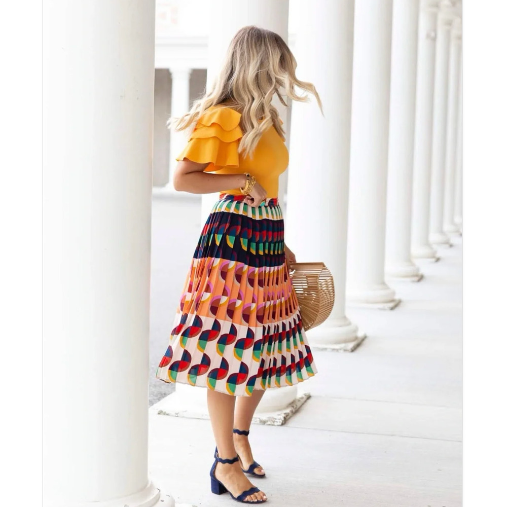 J.CREW 365 Skirt Multicolor Geometric Pleated Midi Psychedelic AOP - Picture 3 of 13